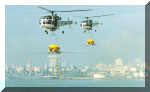 A pair of Coast Guard helicopters with underslung pollution control chemical spray pods. A Delhi Class destroyer and INS Jyoti, a fleet replenishment tanker, can be seen in the background. Image © MoD Report, 1999-2000
