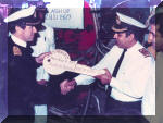A key handing over ceremony on 28 January 1987, as the engineering department celebrated a milestone when the B Boiler room was flashed up. The person on right is Captain (later Vice Admiral) Vinod Pasricha. Image © Indian Navy via Kapil Chandni